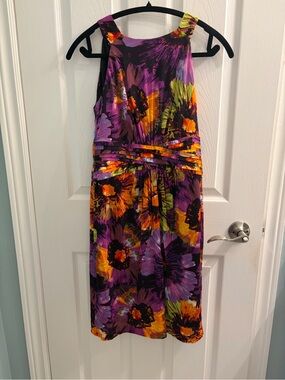 Anne Klein Purple Floral Midi Dress with Orange and Green Blooms